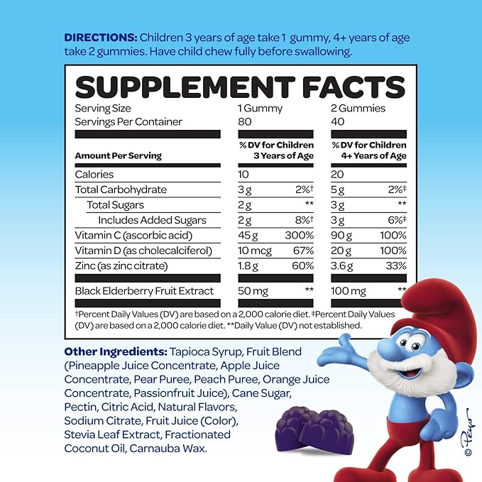 The Smurfs Immune Support Supplement Vitamins for Kids with Elderberry, Zinc, Vitamin C & D for Immune Defense Age 3+ | Made with Real Fruit in a Smurf Berry | Doctor Developed & Non-GMO | 80 Gummies