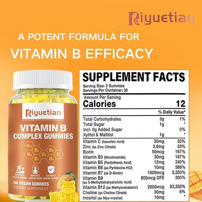 Vitamin B Complex Gummies with Biotin,Choline + Inositol, Vitamin C + Zinc for Supports Energy, Brain, Mood, Immune, Healthy Hair, Skin - Natural Mango Flavor - Vegan Diet - 120 Vegan