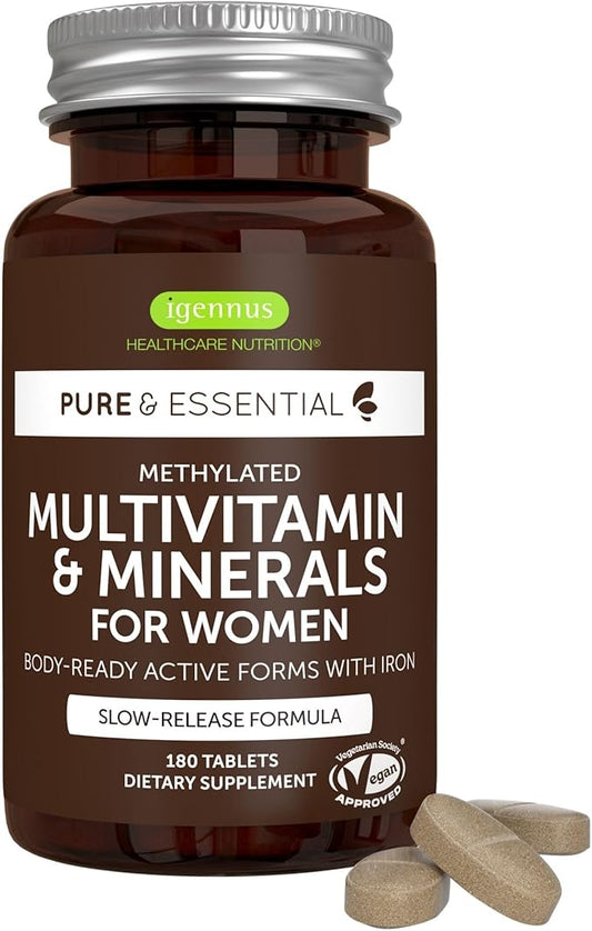 Igennus High Potency Methylated Multivitamin for Women, Pure & Clean Ingredients, MTHFR Supplement with Active B-Vitamins, Vitamin K2 MK7, Gentle Iron, Sustained Released, Non-GMO & Halal, 180 Tablets