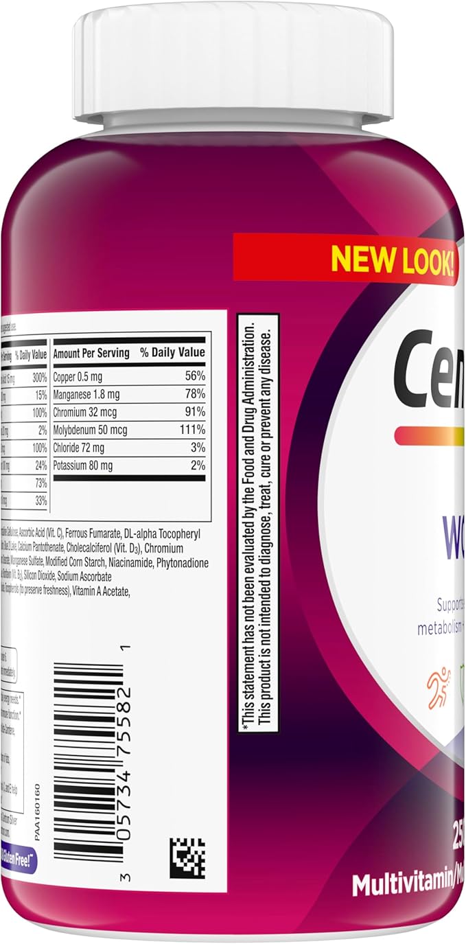 Centrum Multivitamin for Women, Multivitamin/Multimineral Supplement with Iron, Vitamin D3, B Vitamins and Antioxidant Vitamins C and E, Gluten Free, Non-GMO Ingredients - 250 Count
