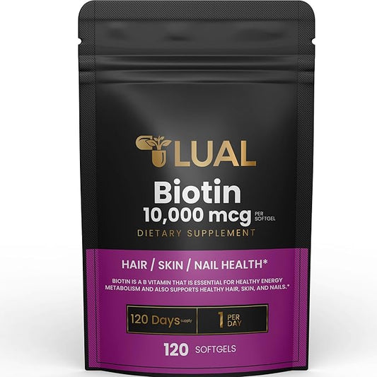 LUAL Biotin 10,000 mcg Hair Skin and Nails Biotin Hair/Skin/Nail Health 10,000 mg - 120 SoftGels