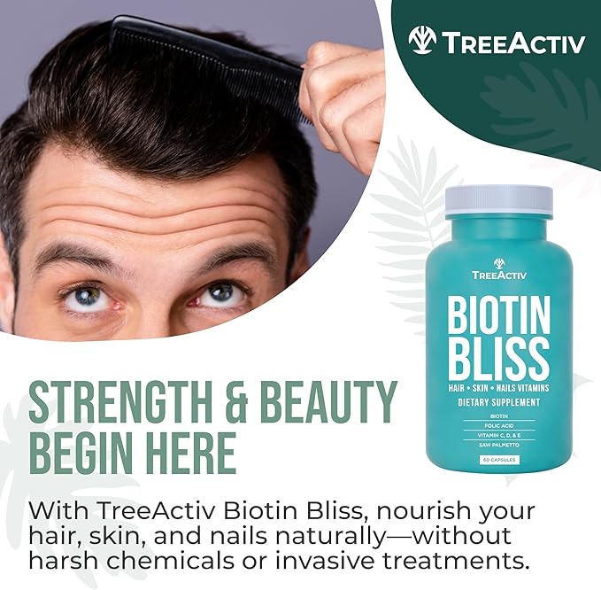 Biotin Bliss Skin Hair Nails Vitamins + Saw Palmetto Supplement Volumizer & Thickening Formula for Men Women Folate MSM B Complex for Hair Growth & Strength 60 Capsules 30-Day Supply