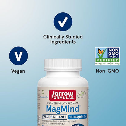 Jarrow Formulas Magnesium L-Threonate, MagMind Stress Resistance with L-Theanine and Rhodiolife, High Absorption Magnesium, Stress Relief and Mood Support, 60 Veggie Capsules, Up to a 30 Day Supply