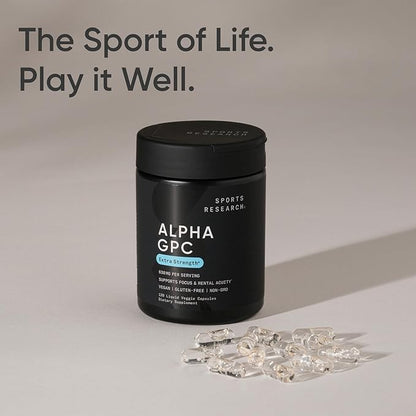 Sports Research® Alpha GPC 630mg (Extra Strength) - Bioavailable Source of Choline - Focus & Cognitive Support for Women & Men - Vegan Certified · Non-GMO · Gluten Free - 120 Liquid Capsules