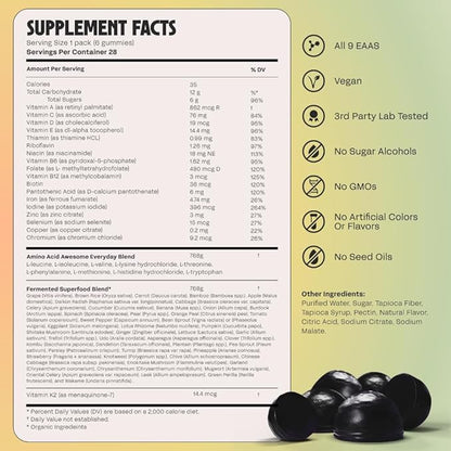 Awesome Everyday Superfood Gummies for Adults – Daily Multivitamin for Women & Men - EAAs, Mushrooms & Adaptogens - Vegan, No Artificial Flavors, Colors or Seed Oils - Essential Amino Acids - 28 Count