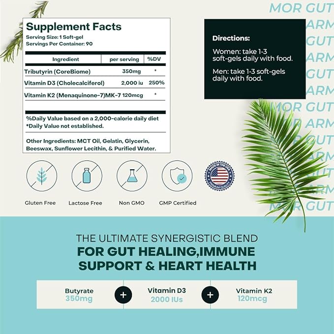 Gut & Heart Health + Immune Support | 1 Month Supply | 30 Soft Gel Capsules | Pure Butyrate 350mg & Vitamin D3 2000IUs & Vitamin K2 120mcg | Heart Health | Gastrointestinal Support