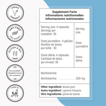 Supersmart - Benfotiamine 320mg per Day (High Potency) - Bioavailable Thiamine - Vitamin B1 Benfotiamine Supplement | Non-GMO & Gluten Free - 120 Vegetarian Capsules