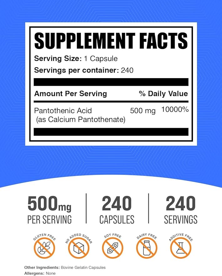 ﻿BulkSupplements.com Vitamin B5 Capsules - as Pantothenic Acid, B Vitamin Supplement, Pantothenic Acid 500 mg - Gluten Free, 1 Capsule per Serving, 240 Capsules (Pack of 1)