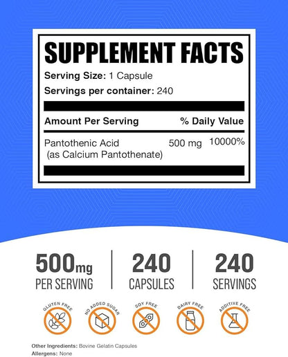 ﻿BulkSupplements.com Vitamin B5 Capsules - as Pantothenic Acid, B Vitamin Supplement, Pantothenic Acid 500 mg - Gluten Free, 1 Capsule per Serving, 240 Capsules (Pack of 1)