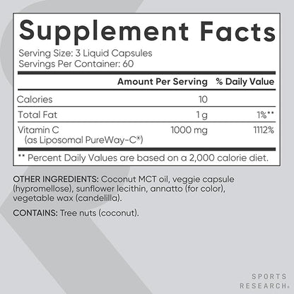 Sports Research® High Potency Liposomal Vitamin C Supplement 1000 mg – Certified Vegan, Non-GMO, Gluten Free | Antioxidant & Immune Support | Ascorbic Acid Vitamin C | 180 Liquid Veggie Capsules