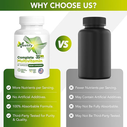 Complete Multivitamin 35‑in‑1 – High‑Potency Daily Vitamins & Minerals with Antioxidants (A, B‑Complex, C, D, E), Magnesium, Zinc & Green‑Tea Detox Formula for Women & Men – 60 Veggie Capsules