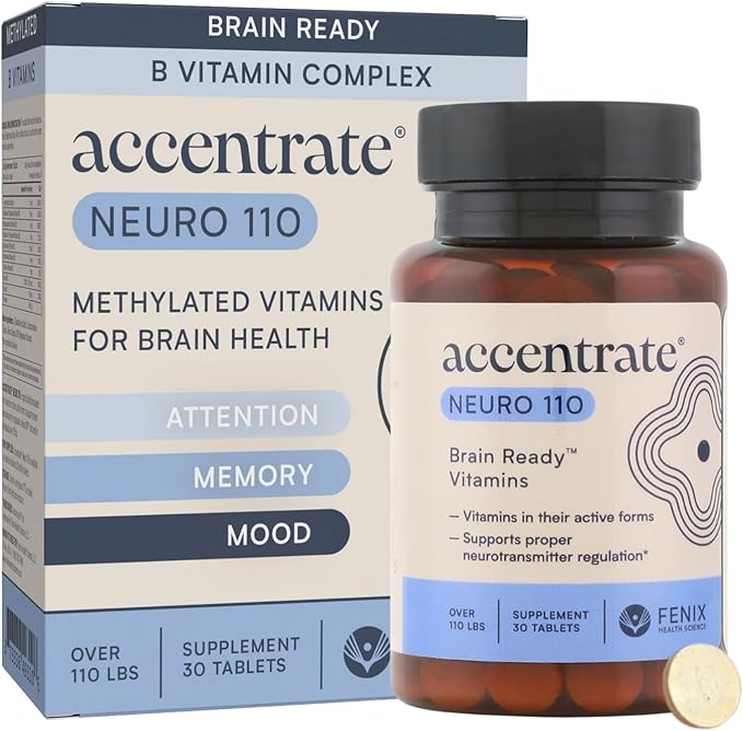 Accentrate Neuro 110- Complete Vitamin B Complex | Methylated Multivitamin w/L-Methylfolate (5-MTHF) Methylcobalamin (B12) Pyridoxal-5'-Phosphate (P5P) | Brain Health | MTHFR Supplement | 30 Tablets