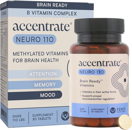 Accentrate Neuro 110- Complete Vitamin B Complex | Methylated Multivitamin w/L-Methylfolate (5-MTHF) Methylcobalamin (B12) Pyridoxal-5'-Phosphate (P5P) | Brain Health | MTHFR Supplement | 30 Tablets