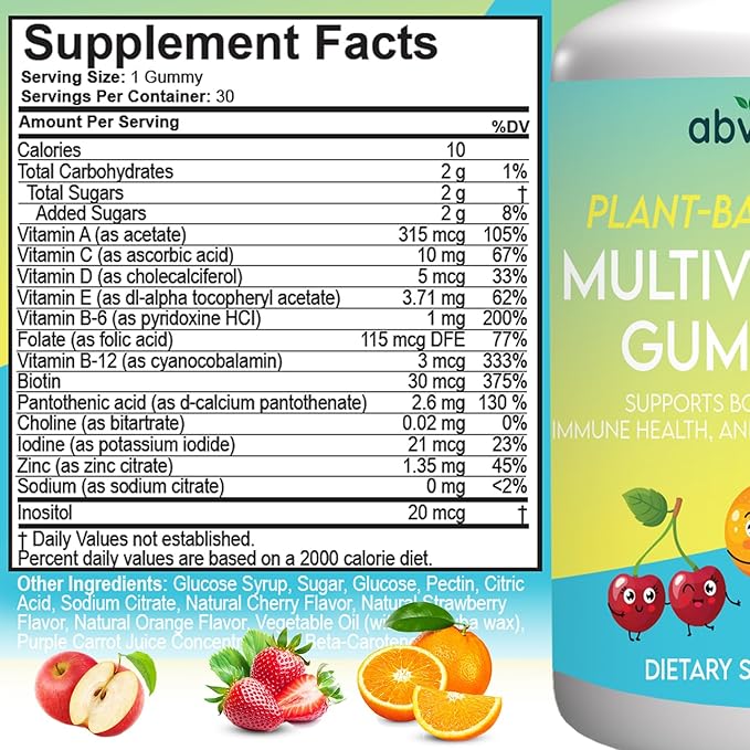 Kids Multivitamin Gummies – Plant-Based Daily Kids Gummy Vitamins with A, C, D, E, B3, B6, B12, Biotin & Inositol – Non-GMO, Gluten-Free – 30 Count (30-Day Supply)