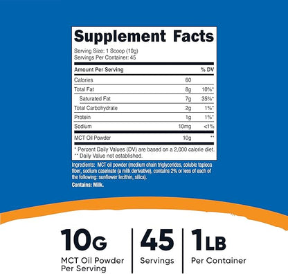 Nutricost MCT Oil Powder 1LB (16oz) - Great for Keto, Ketosis and Ketogenic Diets - Zero Net Carbs, Non-GMO + Gluten Free (Medium Chain Triglyceride)