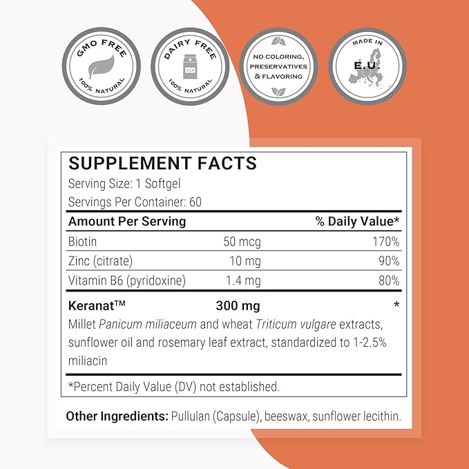 Supersmart - Keranat (Advanced Formula with Biotin) - Hair Supplement for Volume & Growth - Hair Loss Vitamins | Non-GMO & Gluten Free - 60 Softgels
