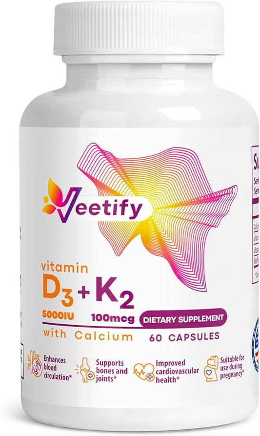 Vitamin D3 (5000 IU) and K2 (100 mcg) with Calcium - 60 Veggie Capsules