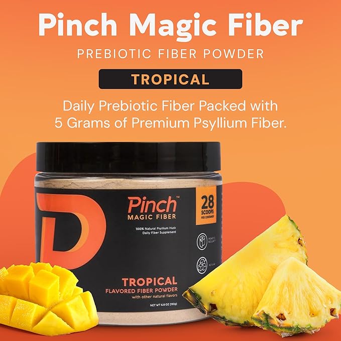 Pinch Magic Sugar Free Fiber Powder – Light Tropical Flavor Psyllium Husk with Bromelain & Vitamins C & D – Vegan, Gluten-Free, Clean Label, USA-Made, GMP-Certified – 28-Day Supply