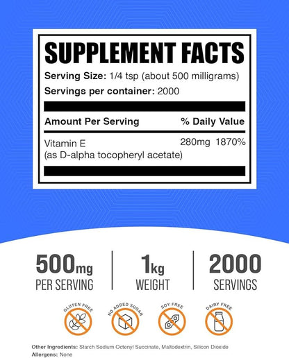 BulkSupplements.com Vitamin E 400 IU Powder - as D-Alpha Tocopherol, Vitamin E Supplements - Gluten Free, 500mg per Serving, 1kg (2.2 lbs) (Pack of 1)