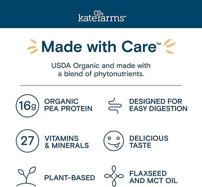 KATE FARMS Organic Adult Peptide 1.0 Formula, Vanilla, Sole-Source, Hydrolyzed Plant-Based Nutrition for Oral or Tube Feeding, 11 Fl oz (12 Pack)