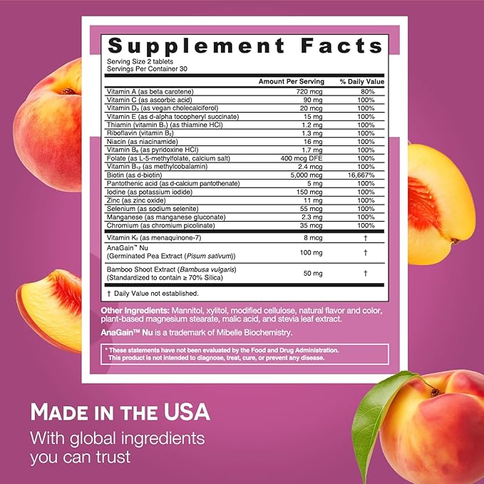 EZ Melts Dissolvable Women’s Multivitamin + Hair Growth with Biotin, Bamboo Extract & Clinically Studied AnaGain Nu, Supports Visibly Healthier, Stronger Hair, Sugar-Free Peach Flavor - 1 Pack