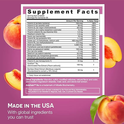 EZ Melts Dissolvable Women’s Multivitamin + Hair Growth with Biotin, Bamboo Extract & Clinically Studied AnaGain Nu, Supports Visibly Healthier, Stronger Hair, Sugar-Free Peach Flavor - 1 Pack