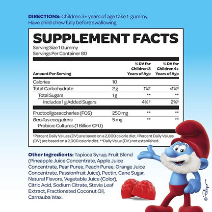 The Smurfs Kids Probiotic Gummies with 1 Billion CFU Probiotics & Prebiotics Chewable Probiotic Kids for Digestive Support, Healthy Gut & Immune Health | Ages 3+ | Made with Real Fruit | 80 Count