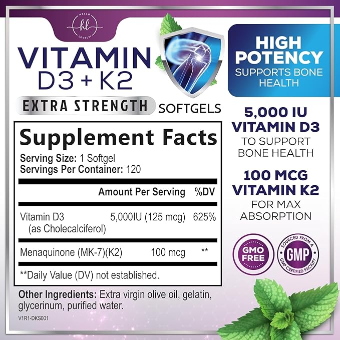 Vitamin D3 K2 - Vitamin D3 (5000 iu) & 100 mcg Vitamin K2 (MK-7) Complex for Immune Support & Bone, Teeth & Muscle Health - Easy to Swallow, Gluten Free, Non-GMO, Bottled in USA - 120 Softgels