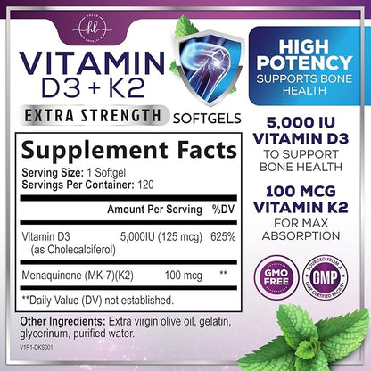 Vitamin D3 K2 - Vitamin D3 (5000 iu) & 100 mcg Vitamin K2 (MK-7) Complex for Immune Support & Bone, Teeth & Muscle Health - Easy to Swallow, Gluten Free, Non-GMO, Bottled in USA - 120 Softgels
