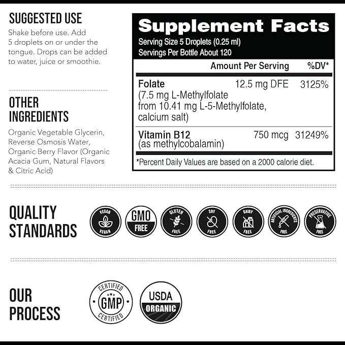 Organic L Methylfolate 7.5 mg Plus Methyl B12 Cofactor - Metabolically Active 5-MTHF Form, Superior Form of Folate - Organic Berry Flavor, Liquid Sublingual Form – Mood, Cognition, Methylation (1oz)