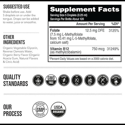 Organic L Methylfolate 7.5 mg Plus Methyl B12 Cofactor - Metabolically Active 5-MTHF Form, Superior Form of Folate - Organic Berry Flavor, Liquid Sublingual Form – Mood, Cognition, Methylation (1oz)