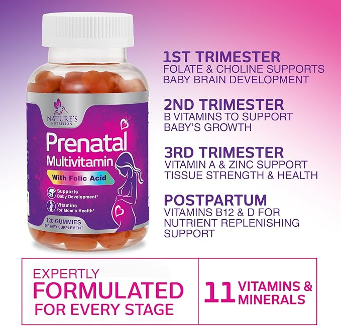 Prenatal Vitamins for Women Gummies, Folic Acid 1335mcg Pregnancy Vitamins for Fetal Support, Vitamin A, C, D3, B12, B6 & Folate, Prenatal Multivitamin Gummy for Pregnant & Nursing Women - 120 Gummies