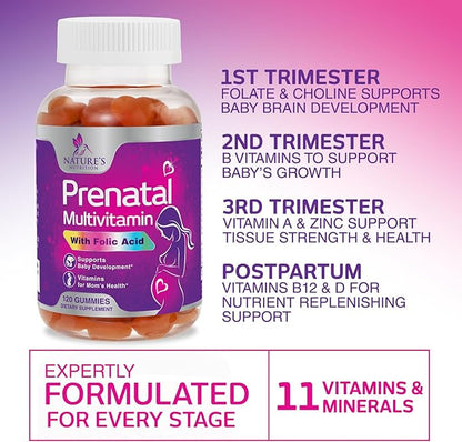 Prenatal Vitamins for Women Gummies, Folic Acid 1335mcg Pregnancy Vitamins for Fetal Support, Vitamin A, C, D3, B12, B6 & Folate, Prenatal Multivitamin Gummy for Pregnant & Nursing Women - 120 Gummies