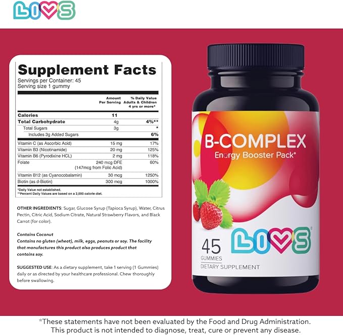 Vitamin B Complex Gummies with B12, Biotin, B3, B6 & Vitamin C for Kids & Adults | Energy, Support & Recovery Supplement | Promotes Mood, Metabolism & Nerve Function | Strawberry Flavor – 45 Ct