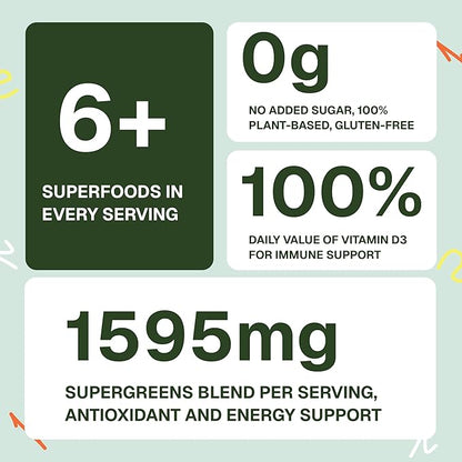 Greens Superfood Gummies, Boost Energy, Gut & Immune Support, Sugar-Free, Vegan with Broccoli, Spinach, Kale, Spirulina, Chlorella, Probiotics & Multivitamin, Apple Flavor, 60 Count