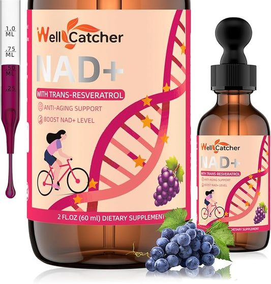 NAD+ Liquid Supplement for Women Men: NAD+ Resveratrol Drops with Grape Seed Extract CoQ10 Zinc Vitamin B2 Nicotinamide Riboside Support Energy Anti-Aging & Heart Health Grape Flavor 30 Servings