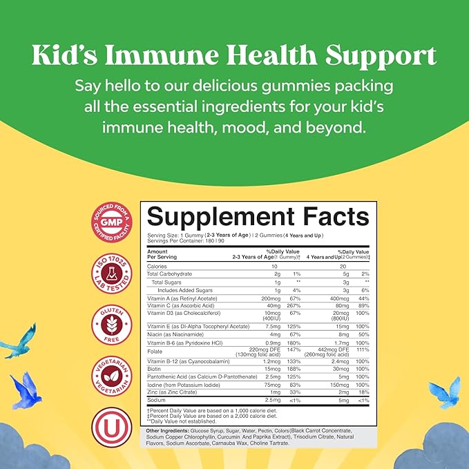 Plant Based Kids Multivitamin Gummies - Multivitamin for Kids Immunity Support Gummies with Vitamins A C D3 E B and Zinc Gelatin and Gluten Free Non-GMO Vitamins Gummy Formula 180ct
