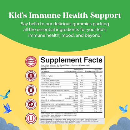 Plant Based Kids Multivitamin Gummies - Multivitamin for Kids Immunity Support Gummies with Vitamins A C D3 E B and Zinc Gelatin and Gluten Free Non-GMO Vitamins Gummy Formula 180ct