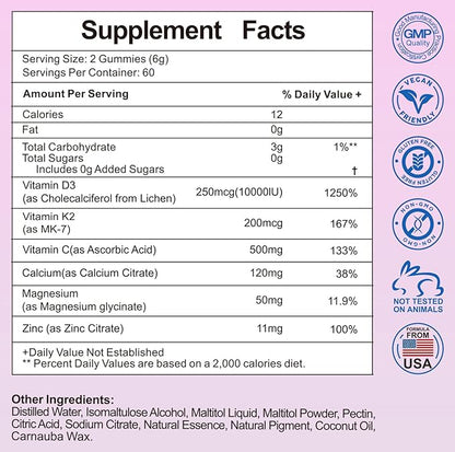 Vitamin D3 K2 Sugar-Free Gummies,Vitamin D3 10000 IU with K2 200mcg,VitaminC,Calcium,Magnesium,Zinc,Support for Bones,Joints,Muscles,Nerves,and Immune System (60, Strawberry)