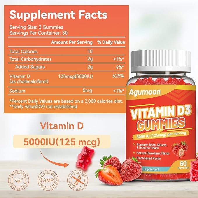 Vitamin D3 5000 IU 125mcg Gummies - Vitamin D Gummies for Adults, Support Immune, Bone, Muscle Health - Non-GMO, Gluten-Free, Dairy-Free, No Gelatin, 120 Count, Strawberry Flavor
