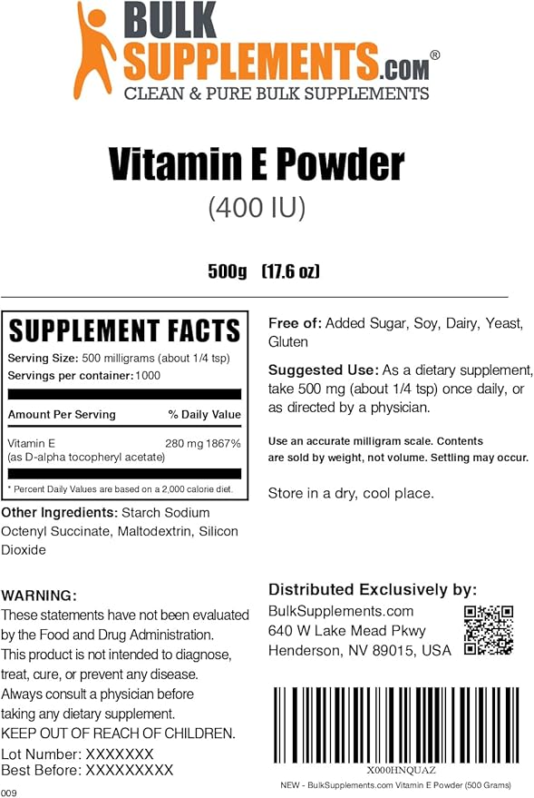 BulkSupplements.com Vitamin E 400 IU Powder - as D-Alpha Tocopherol, Vitamin E Supplements - Gluten Free, 500mg per Serving, 500g (1.1 lbs) (Pack of 1)