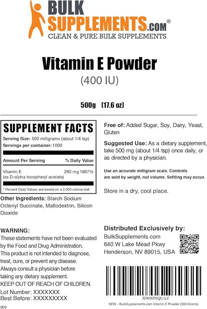 BulkSupplements.com Vitamin E 400 IU Powder - as D-Alpha Tocopherol, Vitamin E Supplements - Gluten Free, 500mg per Serving, 500g (1.1 lbs) (Pack of 1)