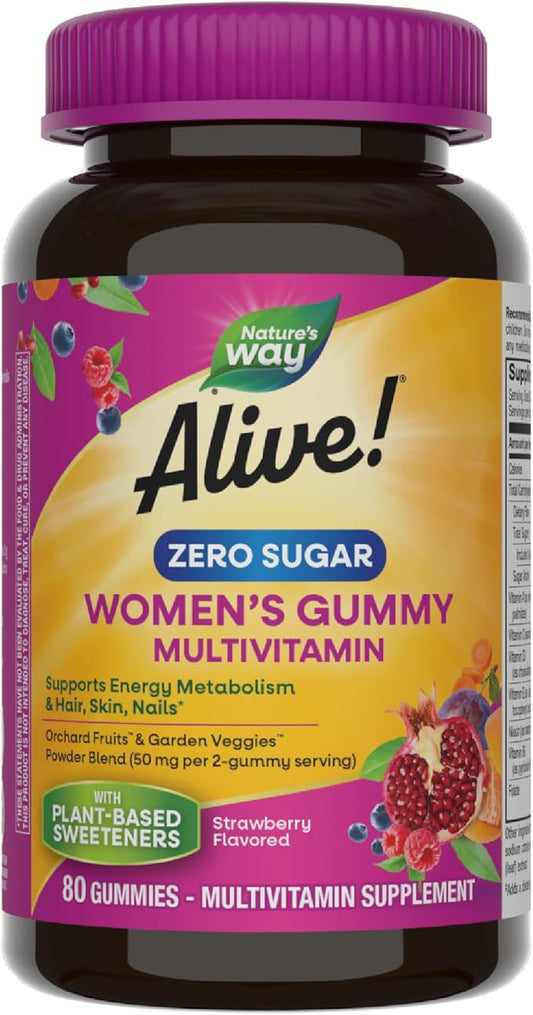Nature's Way Alive! Zero Sugar Women's Gummy Multivitamins, Energy Metabolism*, Hair, Skin, Nails*, B-Vitamins, No Sugar Alcohols, Plant-Based Sweeteners, Strawberry Flavored, 80 Gummies
