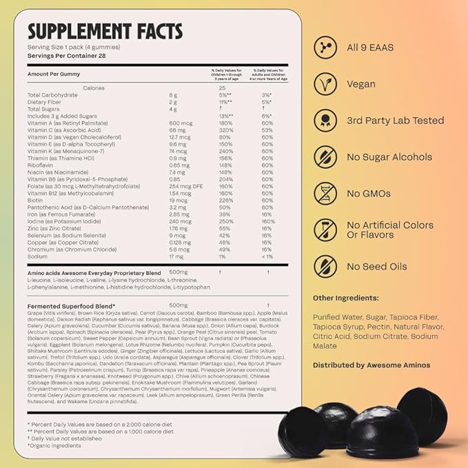 Awesome Everyday Superfood Gummies for Kids & Teens – Multivitamin for Boys & Girls - EAAs, Mushrooms & Adaptogens - Vegan, No Artificial Flavors, Colors or Seed Oils - Ages 2-15 - 28 Count