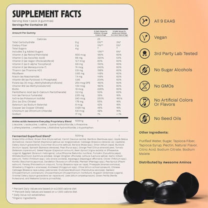 Awesome Everyday Superfood Gummies for Kids & Teens – Multivitamin for Boys & Girls - EAAs, Mushrooms & Adaptogens - Vegan, No Artificial Flavors, Colors or Seed Oils - Ages 2-15 - 28 Count