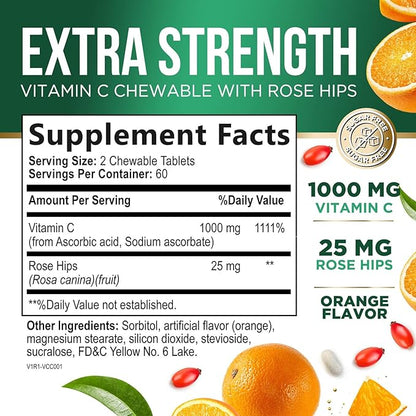 Vitamin C Chewable 1000mg - Extra Strength Antioxidants for Powerful Immune Support w/Vitamin C & Rose HIPS - Potent Dietary VIT C Chews Supplement, Natural, Vegan, Gluten-Free, Non-GMO - 120 Tablets