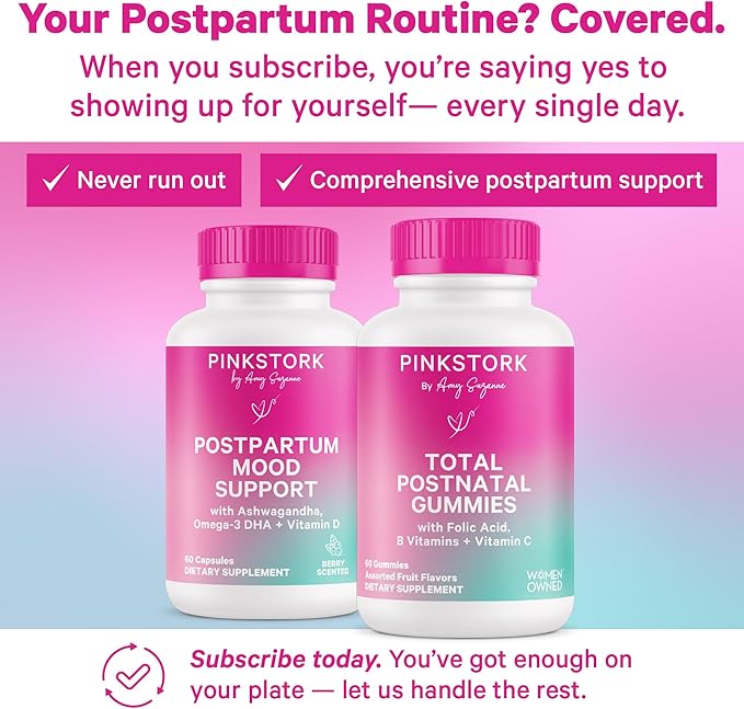 Pink Stork Total Postnatal Vitamin Gummies - Multivitamin for Postpartum Recovery and Lactation Support - Folic Acid, B6, & Vitamin C - Breastfeeding Essentials - 60 Gummy Vitamins