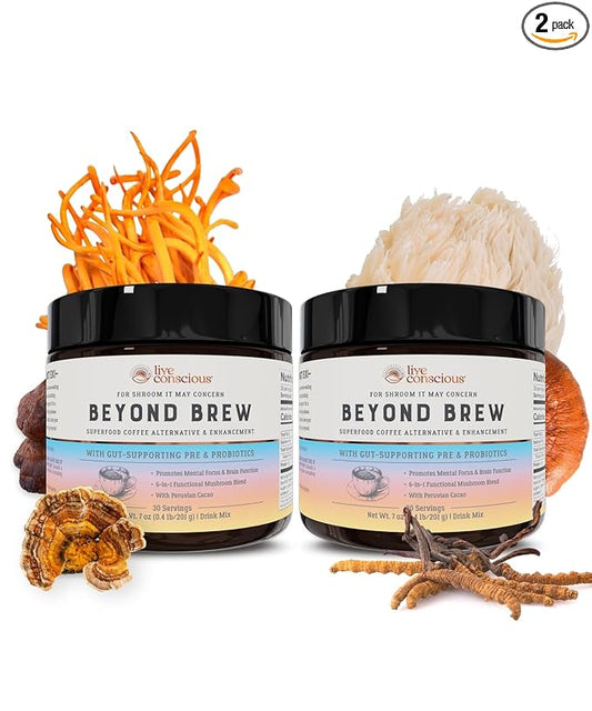 Beyond Brew Mushroom Superfood Coffee | Mushroom Coffee Alternative Low Caffeine | Healthy Coffee Substitute | W/Prebiotics & Probiotics | By Live Conscious | 30 Servings Net Wt. 7 oz (2-Pack)