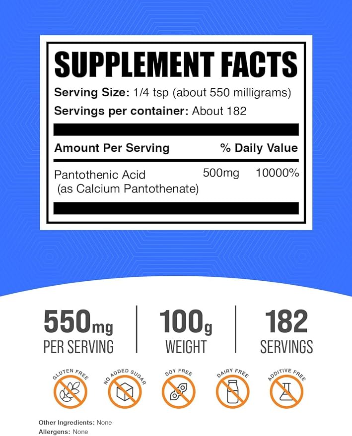 BulkSupplements.com Vitamin B5 Powder - as Calcium Pantothenate, B5 Vitamins - Gluten Free, 500mg of Vitamin B5 Pantothenic Acid per Serving, 100g (3.5 oz) (Pack of 1)