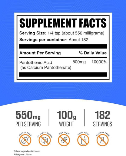 BulkSupplements.com Vitamin B5 Powder - as Calcium Pantothenate, B5 Vitamins - Gluten Free, 500mg of Vitamin B5 Pantothenic Acid per Serving, 100g (3.5 oz) (Pack of 1)